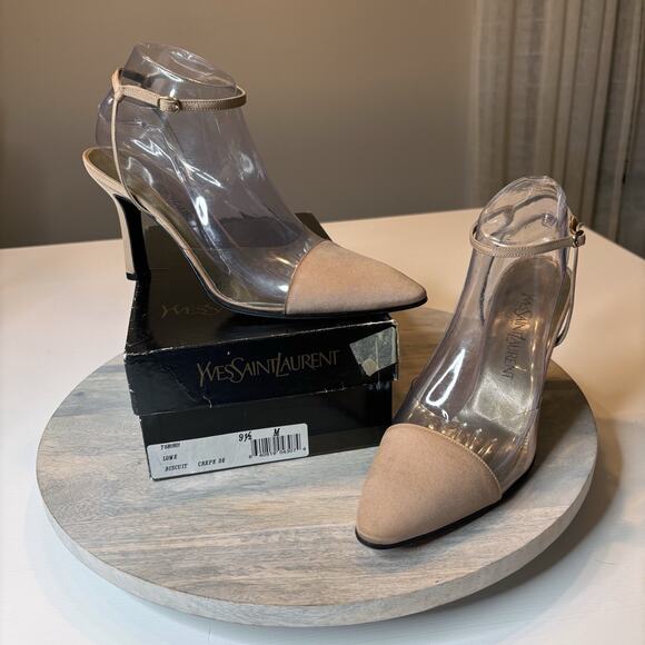 Yves Saint Laurent Vintage Beige and Clear Ankle Wrap Pumps Y681801 Size 9.5 M